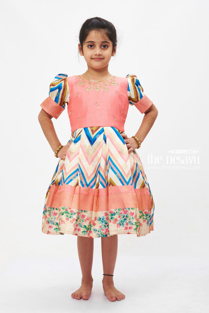 The Nesavu Silk Party Frock Vibrant Chevron and Floral Embroidered Frock with Pink Accents for Girls Nesavu 16 (1Y) / Pink SF735A-16 Girls Embroidered Chevron Frock | Festive Wear for Young Fashionistas | The Nesavu