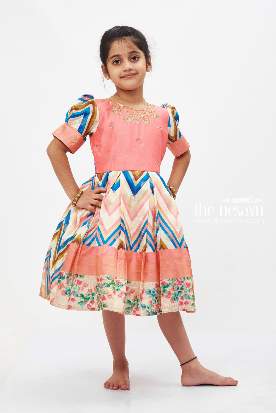 The Nesavu Silk Party Frock Vibrant Chevron and Floral Embroidered Frock with Pink Accents for Girls Nesavu Girls Embroidered Chevron Frock | Festive Wear for Young Fashionistas | The Nesavu