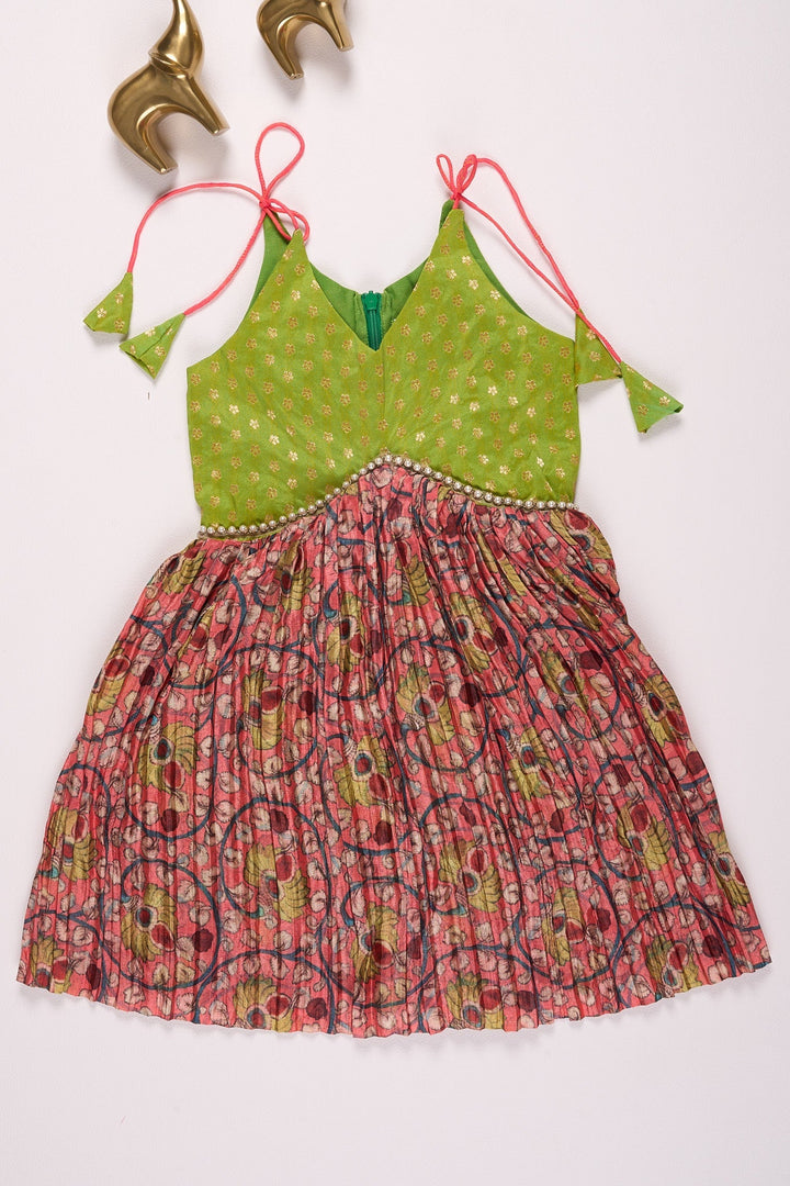 The Nesavu Tie-up Frock Vibrant Green and Floral Print Dress for Girls Nesavu 18 (2Y) / Green / Style 1 T373B-18 Green and Maroon Pleated Chinon Designer Baby Frock with Tie-Up Straps - Elegant & Comfortable