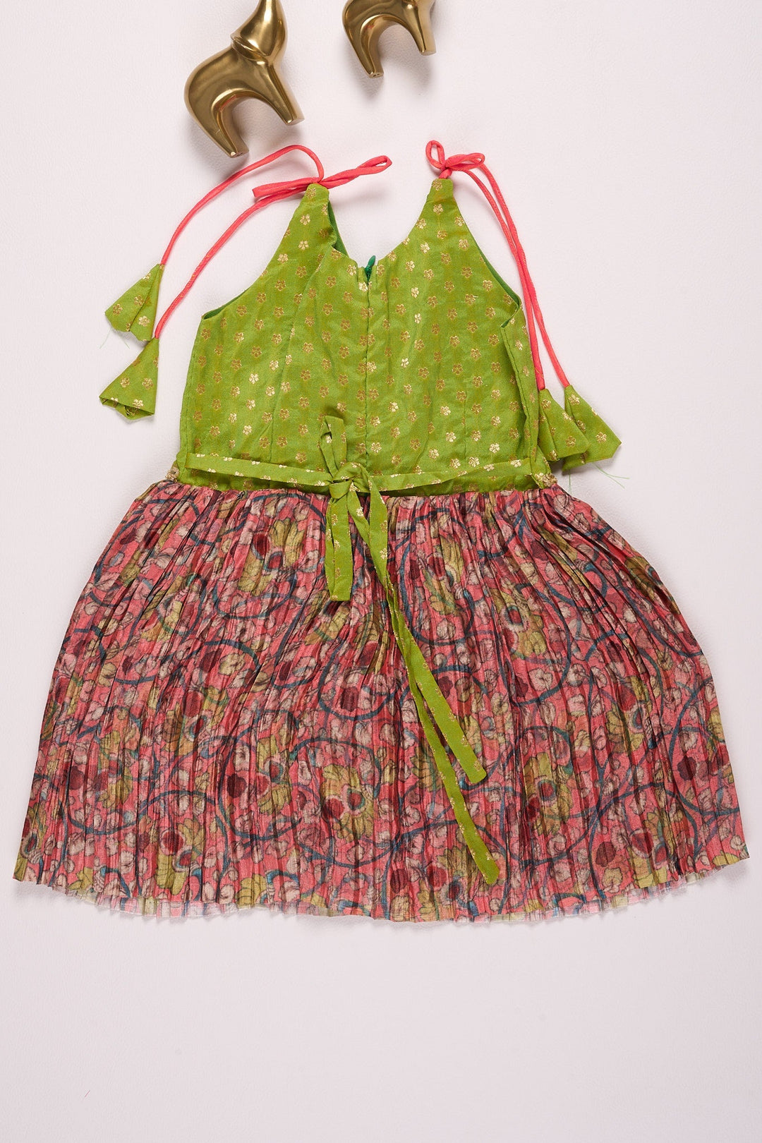 The Nesavu Tie-up Frock Vibrant Green and Floral Print Dress for Girls Nesavu Green and Maroon Pleated Chinon Designer Baby Frock with Tie-Up Straps - Elegant & Comfortable