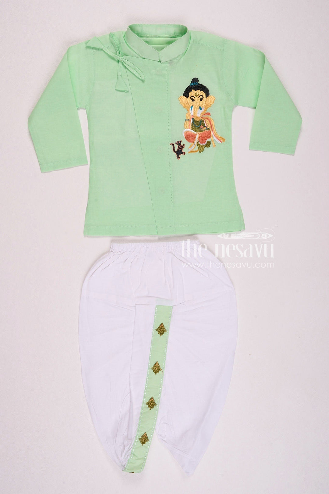 The Nesavu Boys Dothi Set Vibrant Green Ganesh Chaturthi Baby Kurtha with Dothi Pant Set Nesavu 12 (3M) / Green BES555B-12 Vibrant Green Ganesh Chaturthi Baby Kurtha with Dothi Pant Set - Festive Outfit

