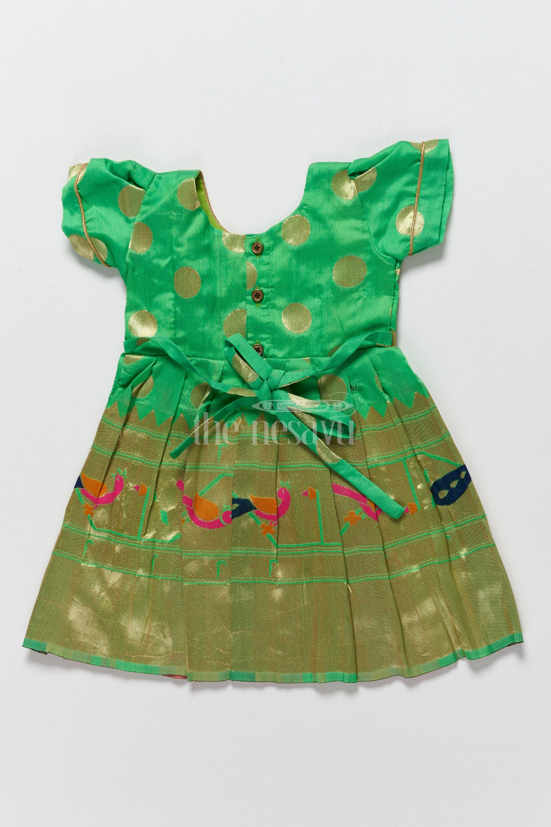 The Nesavu Silk Frock Vibrant Green New Model Frock for Girls with Golden Jacquard and Puff Sleeves Nesavu Nesavus Vibrant Green New Model Frock Golden Jacquard Girls