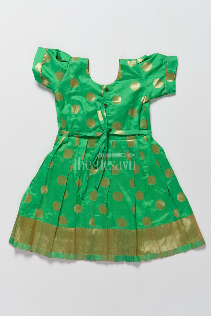 The Nesavu Silk Frock Vibrant Green New Model Frock for Girls with Golden Jacquard and Puff Sleeves Nesavu Nesavus Vibrant Green New Model Frock Golden Jacquard Girls