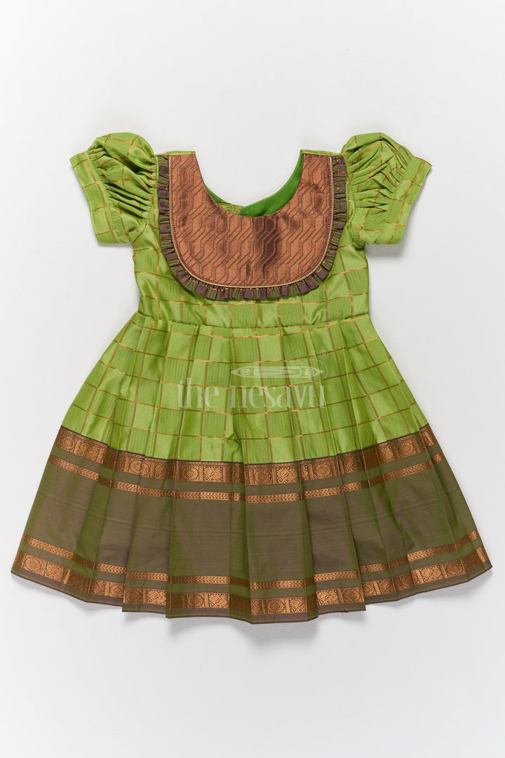 The Nesavu Girls Kanchi Silk Frock Vibrant Green Pattu Long Frock for Girls with Golden Checkered Pattern and Ruffled Yoke Nesavu 14 (6M) / Green / Style 1 SF812A-14 Nesavus Green Pattu Long Frock Girls Golden Checkered Blend Silk Detailing