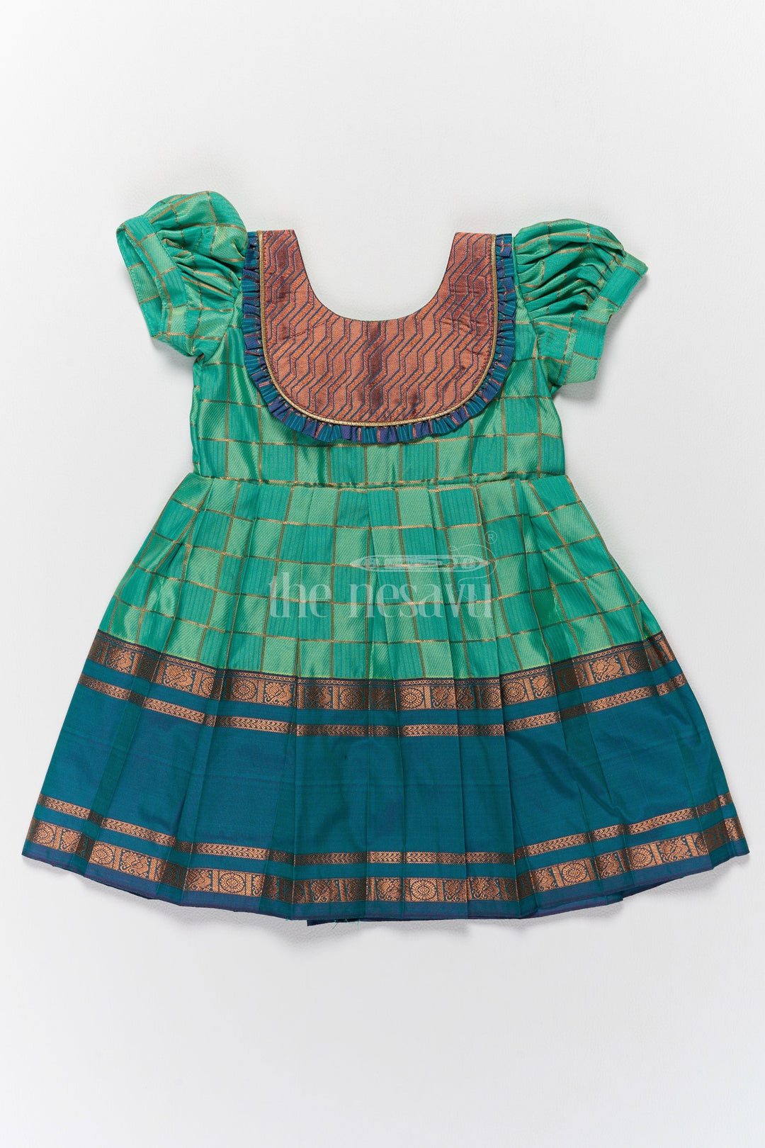 The Nesavu Girls Kanchi Silk Frock Vibrant Green Pattu Long Frock for Girls with Golden Checkered Pattern and Ruffled Yoke Nesavu 14 (6M) / Green / Style 2 SF812B-14 Nesavus Green Pattu Long Frock Girls Golden Checkered Blend Silk Detailing