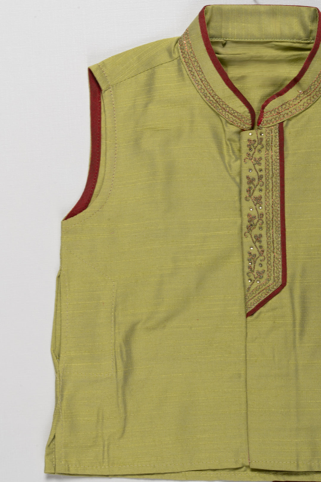 The Nesavu Boys Dothi Set Vibrant Green Sleeveless Kurta with Maroon Dhoti Set for Boys Nesavu Boys Green Sleeveless Kurta with Maroon Dhoti Set | Festive Traditional Wear | The Nesavu