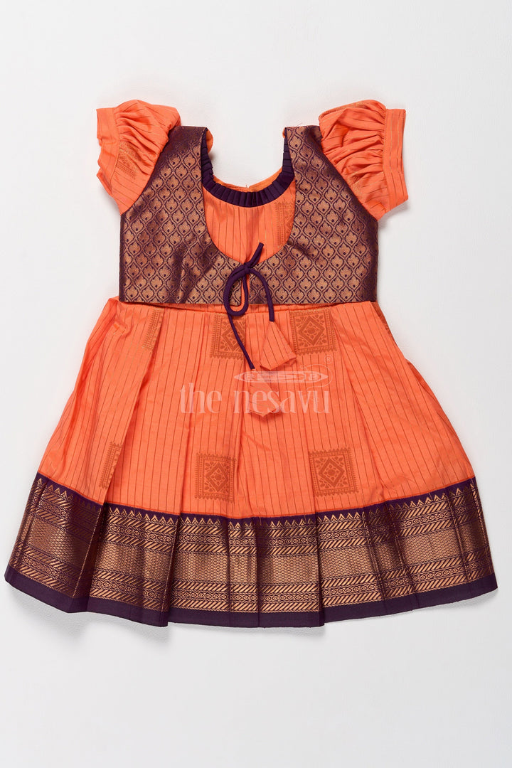 The Nesavu Girls Kanchi Silk Frock Vibrant Orange Girls Kanchi Simple Silk Frock with Intricate Gold Zari Borders Nesavu 14 (6M) / Orange / Style 3 SF815EC-14 Traditional Orange Simple Kanchi Silk Frock Zari Borders Girls Nesavu