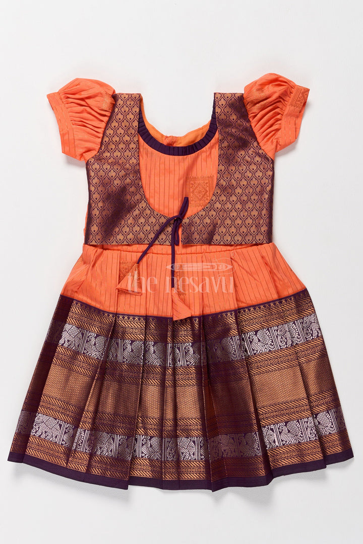 The Nesavu Girls Kanchi Silk Frock Vibrant Orange Girls Kanchi Simple Silk Frock with Intricate Gold Zari Borders Nesavu 18 (2Y) / Orange / Style 1 SF815EA-18 Traditional Orange Simple Kanchi Silk Frock Zari Borders Girls Nesavu