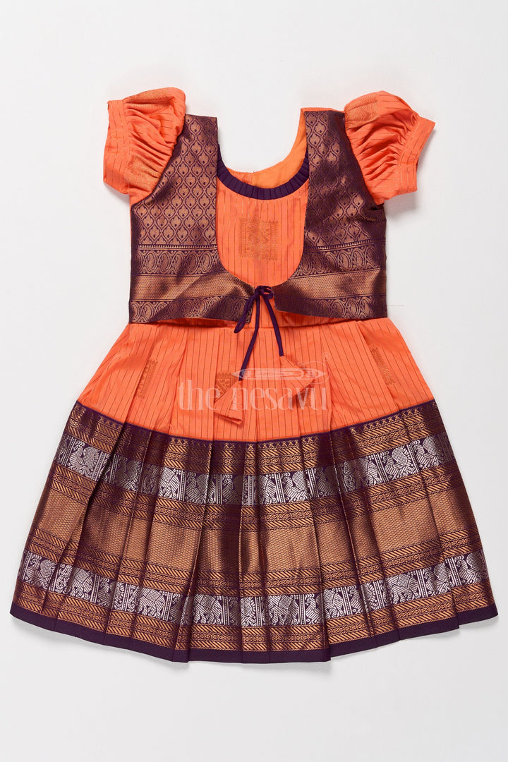 The Nesavu Girls Kanchi Silk Frock Vibrant Orange Girls Kanchi Simple Silk Frock with Intricate Gold Zari Borders Nesavu 20 (3Y) / Orange / Style 2 SF815EB-20 Traditional Orange Simple Kanchi Silk Frock Zari Borders Girls Nesavu