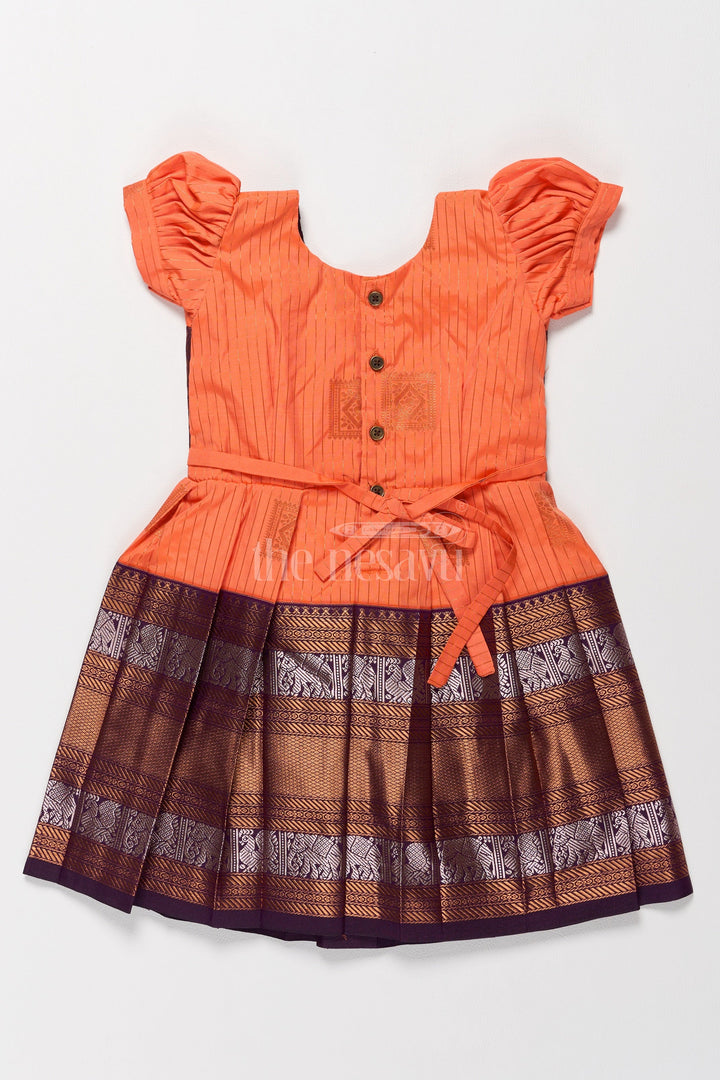 The Nesavu Girls Kanchi Silk Frock Vibrant Orange Girls Kanchi Simple Silk Frock with Intricate Gold Zari Borders Nesavu Traditional Orange Simple Kanchi Silk Frock Zari Borders Girls Nesavu