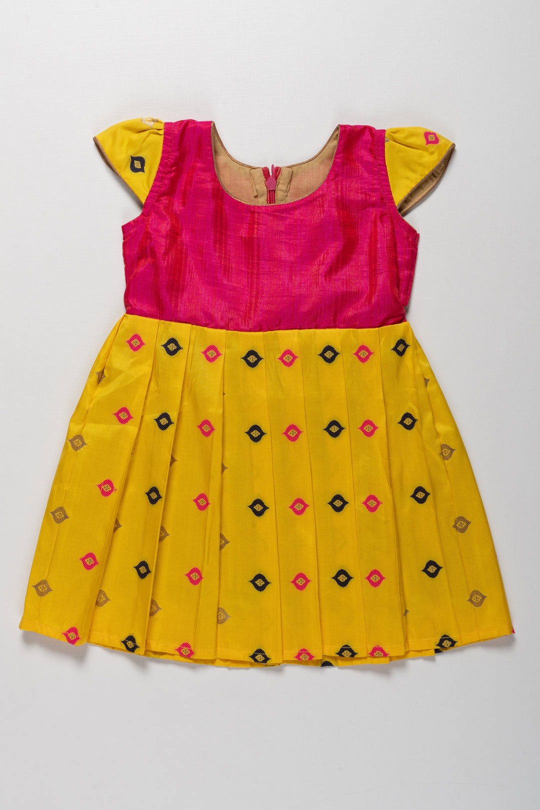 The Nesavu Silk Frock Vibrant Pink and Yellow Silk Frock for Girls - Traditional Ethnic Wear Nesavu 16 (1Y) / Yellow SF599-16 Girls Pink and Yellow Silk Frock | Traditional Ethnic Wear | Festive Attire | The Nesavu