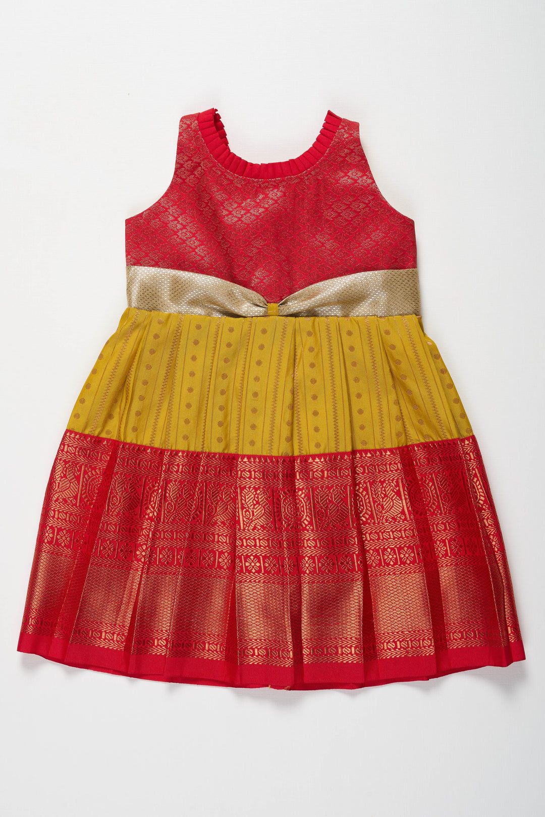 The Nesavu Girls Kanchi Silk Frock Vibrant Red and Yellow Silk Frock with Shimmering Silver Bow Nesavu 14 (6M) / Yellow / Style 1 SF809A-14