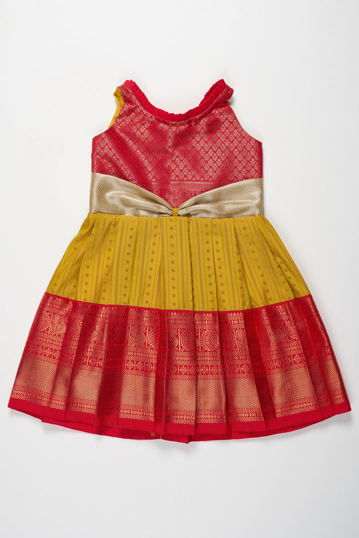 The Nesavu Girls Kanchi Silk Frock Vibrant Red and Yellow Silk Frock with Shimmering Silver Bow Nesavu 18 (2Y) / Yellow / Style 2 SF809B-18