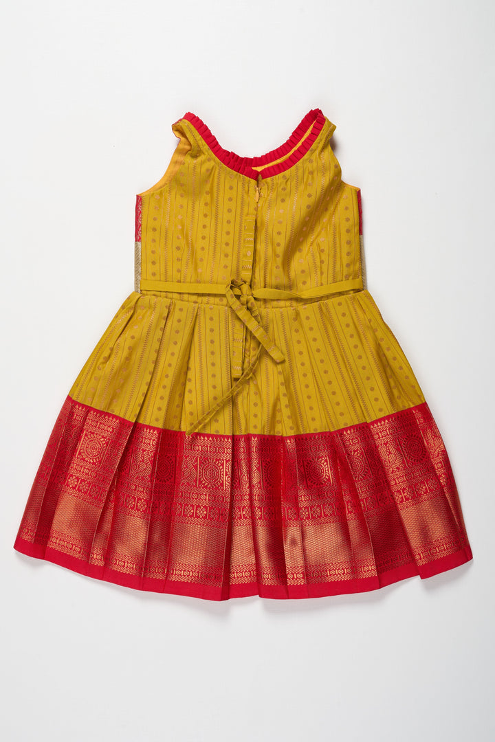 The Nesavu Girls Kanchi Silk Frock Vibrant Red and Yellow Silk Frock with Shimmering Silver Bow Nesavu