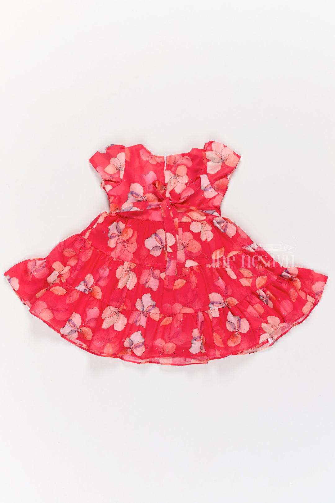 The Nesavu Girls Fancy Frock Vibrant Red Fancy Christmas Outfit for Girls with Butterfly Floral Motifs Nesavu Red Fancy Christmas Outfit Girls Nesavu Festive Floral Motifs