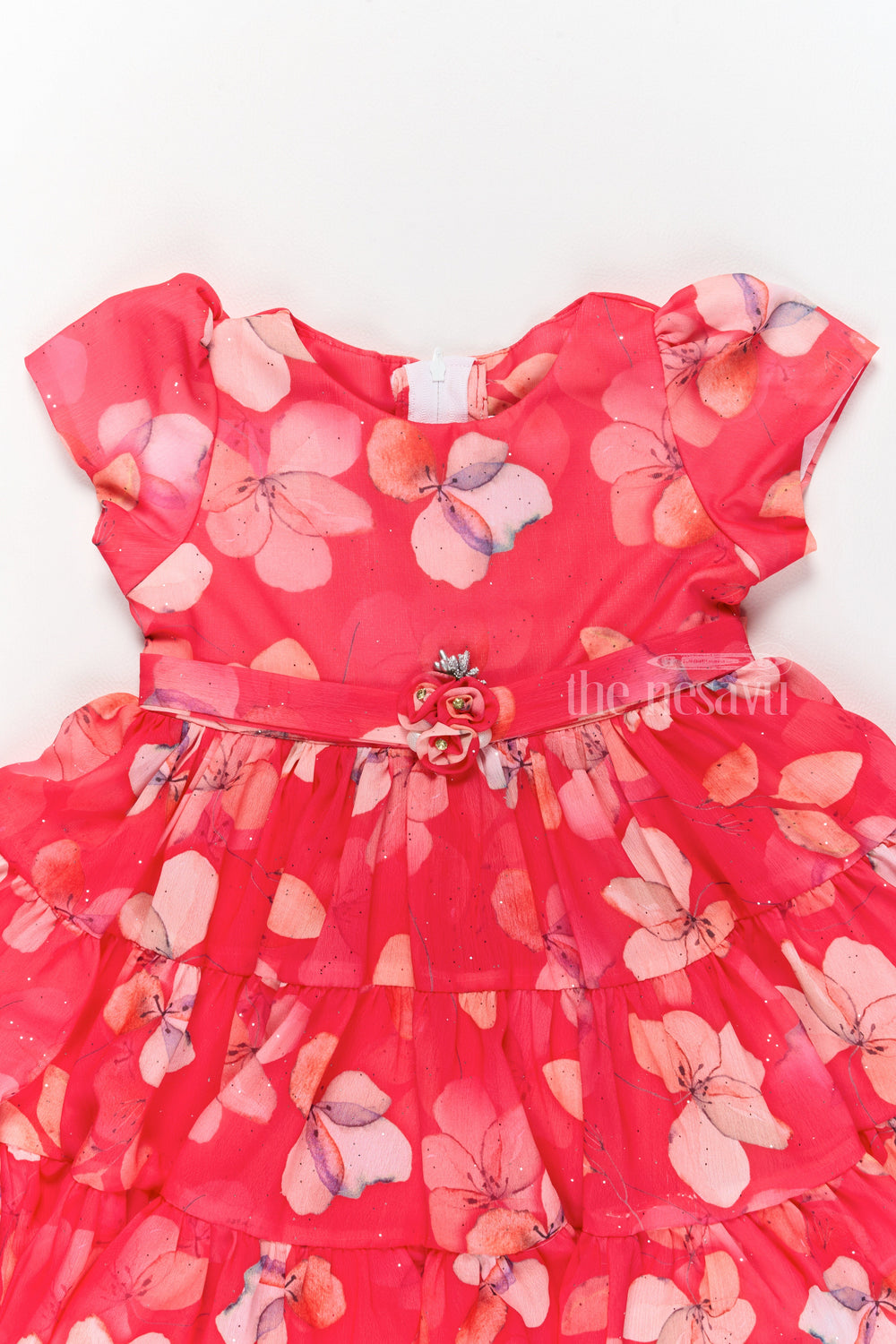 The Nesavu Girls Fancy Frock Vibrant Red Fancy Christmas Outfit for Girls with Butterfly Floral Motifs Nesavu Red Fancy Christmas Outfit Girls Nesavu Festive Floral Motifs