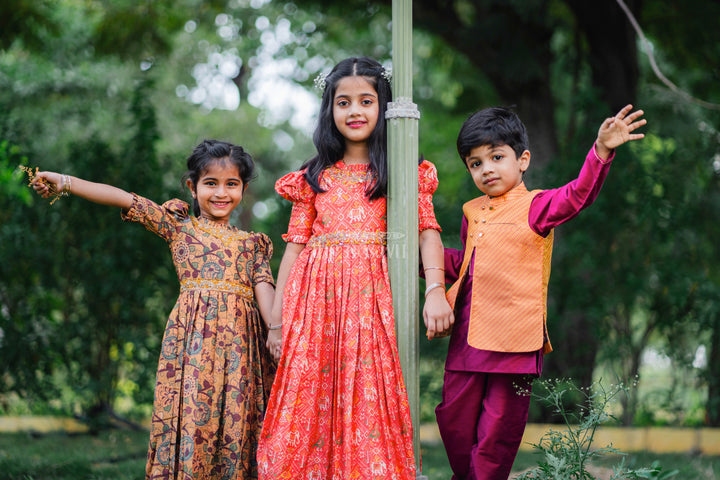 The Nesavu Girls Silk Gown Vibrant Rustic Orange Girls Anarkali with Traditional Embroidery Nesavu Shop Rustic Orange Anarkali for Girls | Traditional Festive Wear Online | The Nesavu