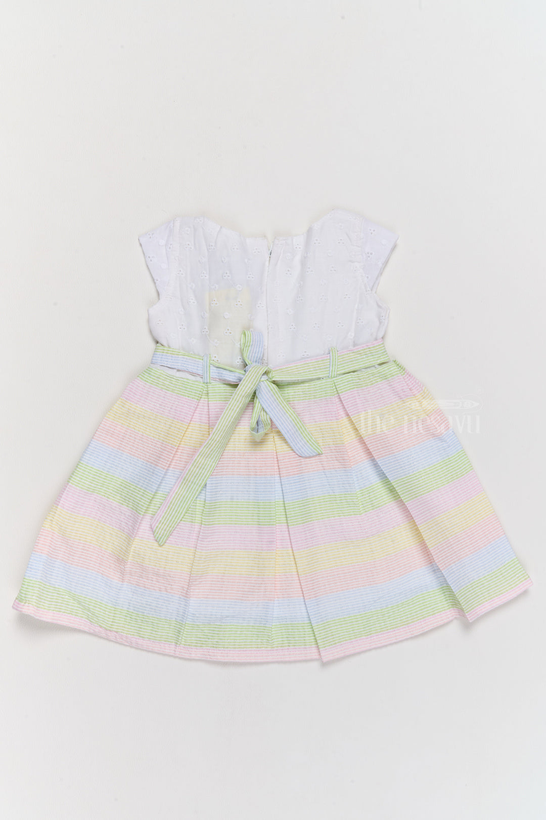 The Nesavu Girls Cotton Frock Vibrant Summer Cotton Kids Dress with Pastel Stripes and Floral Accents Nesavu Nesavu Vibrant Summer Cotton Dress Kids Pastel Stripes Floral Accents