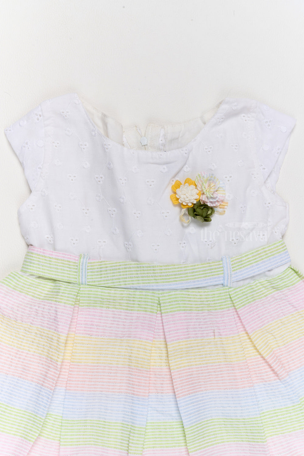 The Nesavu Girls Cotton Frock Vibrant Summer Cotton Kids Dress with Pastel Stripes and Floral Accents Nesavu Nesavu Vibrant Summer Cotton Dress Kids Pastel Stripes Floral Accents