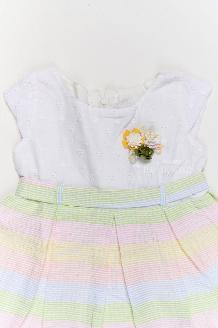 The Nesavu Girls Cotton Frock Vibrant Summer Cotton Kids Dress with Pastel Stripes and Floral Accents Nesavu Nesavu Vibrant Summer Cotton Dress Kids Pastel Stripes Floral Accents