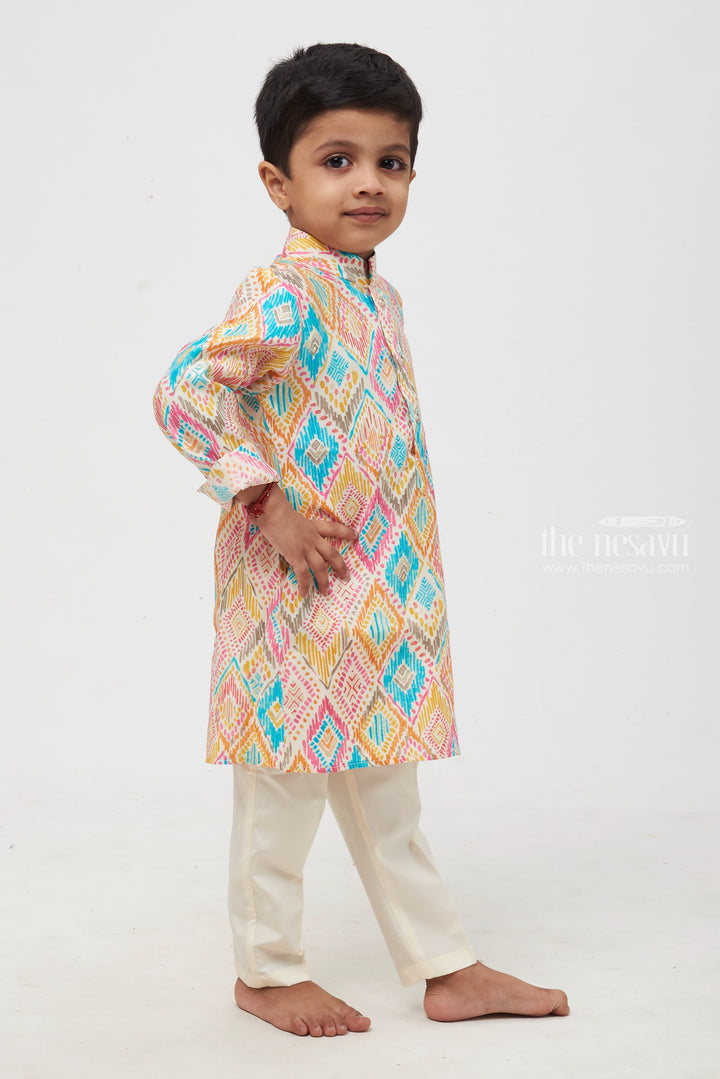 The Nesavu Boys Kurtha Set Vibrant Visions: Boys' Colorful Geometric Print Shirt with Pristine White Trousers Nesavu Boys Rich Crafted Kurta Paired with Perfect Pant | Ceremonial Elegance | The Nesavu