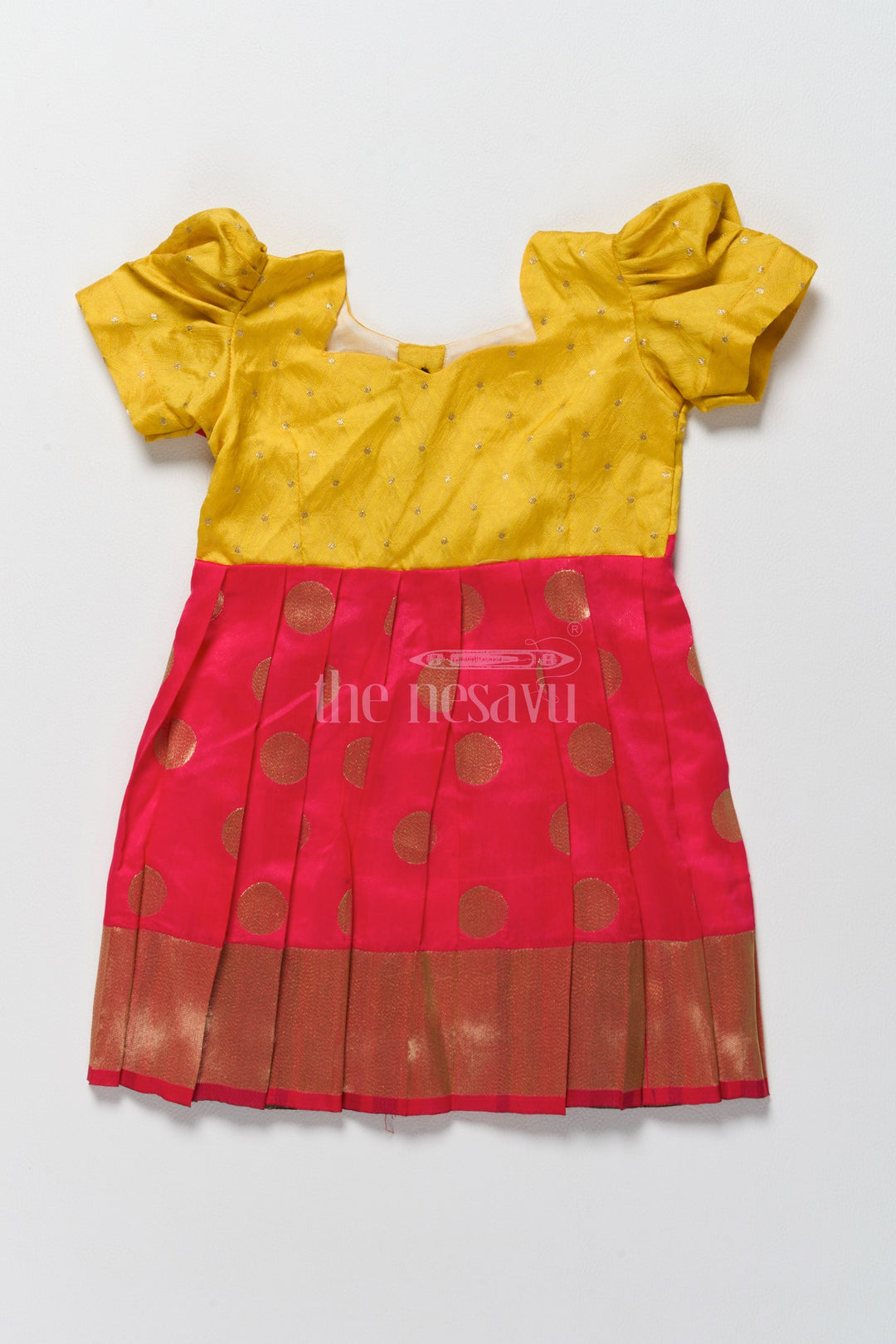 The Nesavu Silk Frock Vibrant Yellow and Gold Jacquard Design of Short Frock for Girls with Puff Sleeves Nesavu 14 (6M) / Yellow / Style 2 SF947B-14 Nesavus Yellow Gold Jacquard Design Short Frock Playful Puff Sleeves