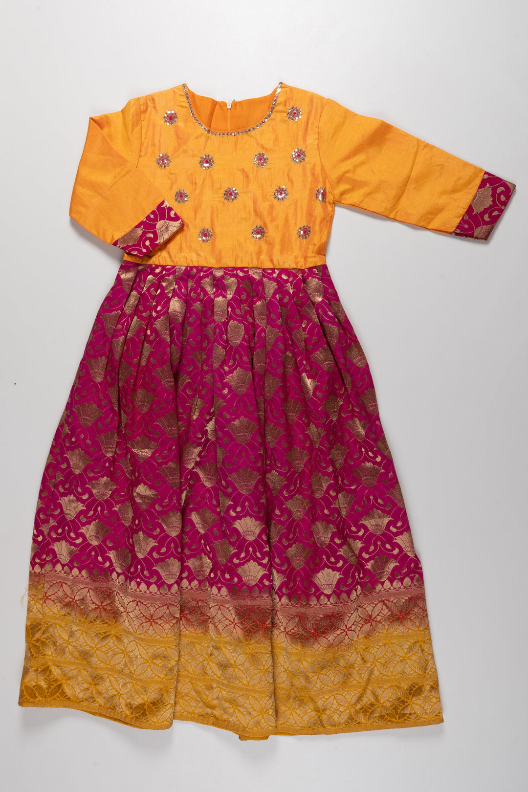 The Nesavu Girls Silk Gown Vibrant Yellow and Magenta Silk Frock with Floral Embroidery for Girls - Traditional Ethnic Wear Nesavu 38 (12Y) / Pink GA071A-38 Girls Yellow and Magenta Embroidered Silk Frock | Traditional Ethnic Wear | Festive Attire | The Nesavu