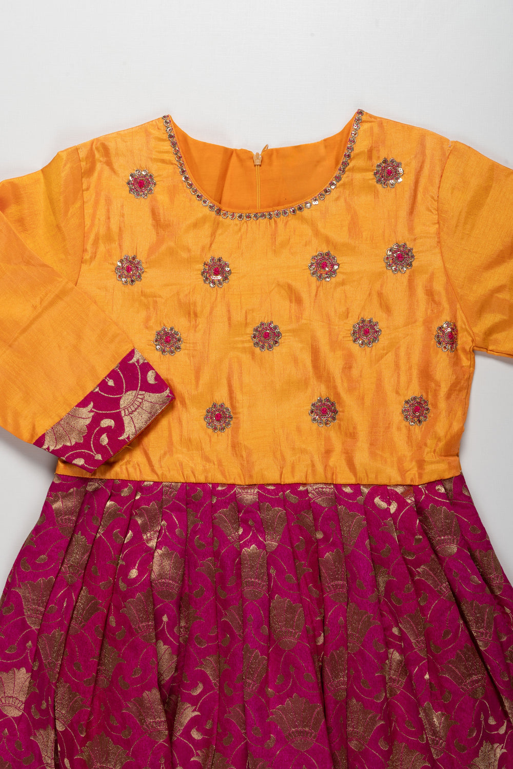 The Nesavu Girls Silk Gown Vibrant Yellow and Magenta Silk Frock with Floral Embroidery for Girls - Traditional Ethnic Wear Nesavu 38 (12Y) / Pink GA071A-38 Girls Yellow and Magenta Embroidered Silk Frock | Traditional Ethnic Wear | Festive Attire | The Nesavu