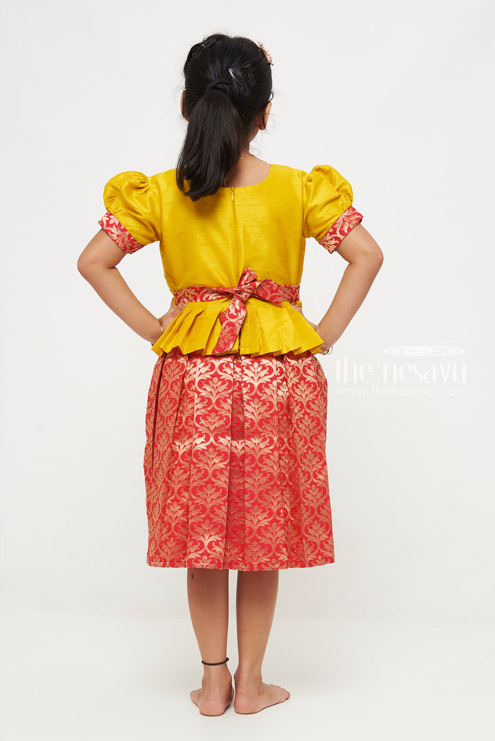 The Nesavu Silk Party Frock Vibrant Yellow and Red Pattu Silk Frock: Exquisite Gold Embroidery with Floral Banarasi Pattern for Girls Nesavu Yellow and Red Pattu Silk Frock | Gold Floral Banarasi Pattern | Traditional Festive Wear for Girls | The Nesavu