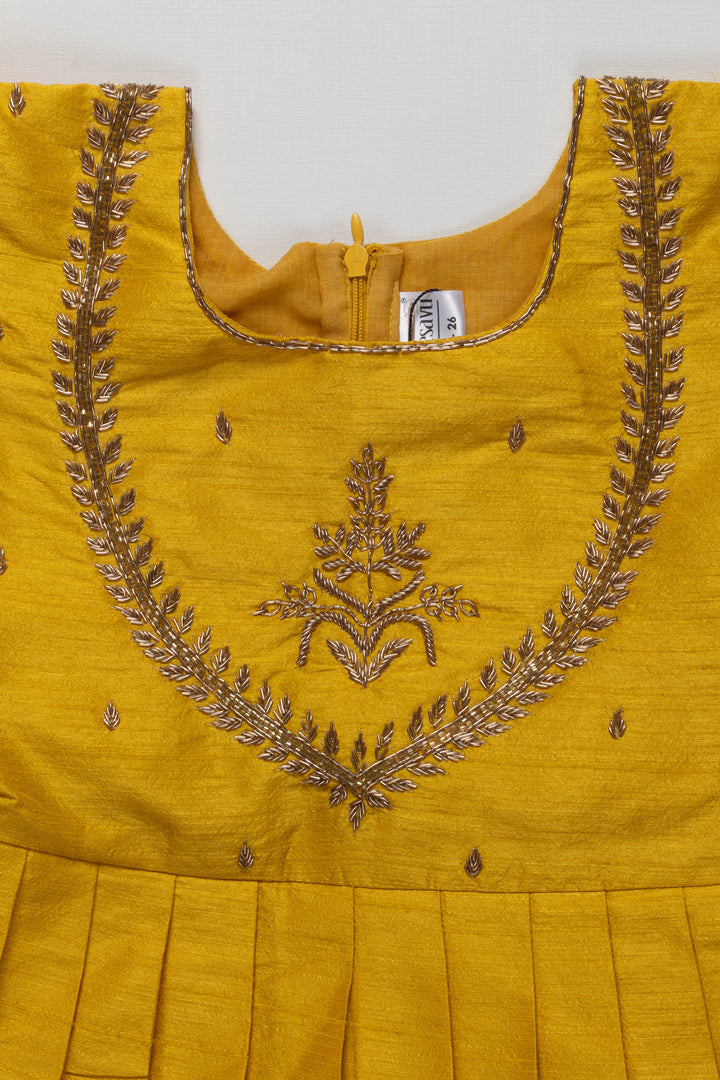 The Nesavu Silk Party Frock Vibrant Yellow and Red Pattu Silk Frock: Exquisite Gold Embroidery with Floral Banarasi Pattern for Girls Nesavu Yellow and Red Pattu Silk Frock | Gold Floral Banarasi Pattern | Traditional Festive Wear for Girls | The Nesavu