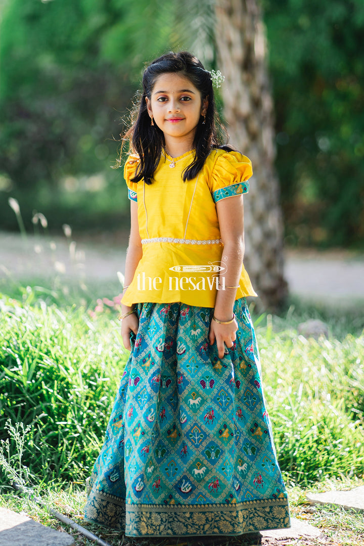 The Nesavu Pattu Pavadai Vibrant Yellow and Teal Girls Pattu Pavadai Handcrafted Silk Skirt Blouse Set Nesavu 16 (1Y) / Blue GPP315A-16 Vibrant Yellow and Teal Girls Pattu Pavadai | Handcrafted Silk Skirt Blouse Set | The Nesavu