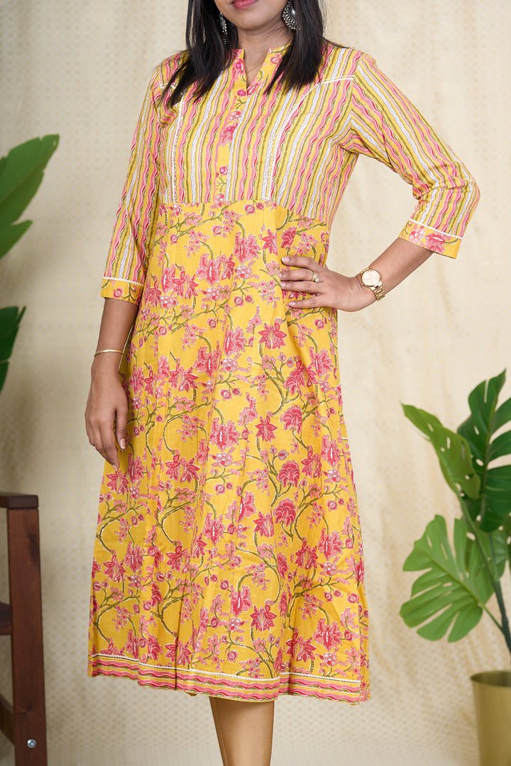 The Nesavu Womens Flared Kurthas Vibrant Yellow Cotton Kurta with Hand Block Print for Women Nesavu Yellow Cotton Kurta for Women | Hand Block Printed Floral Kurta