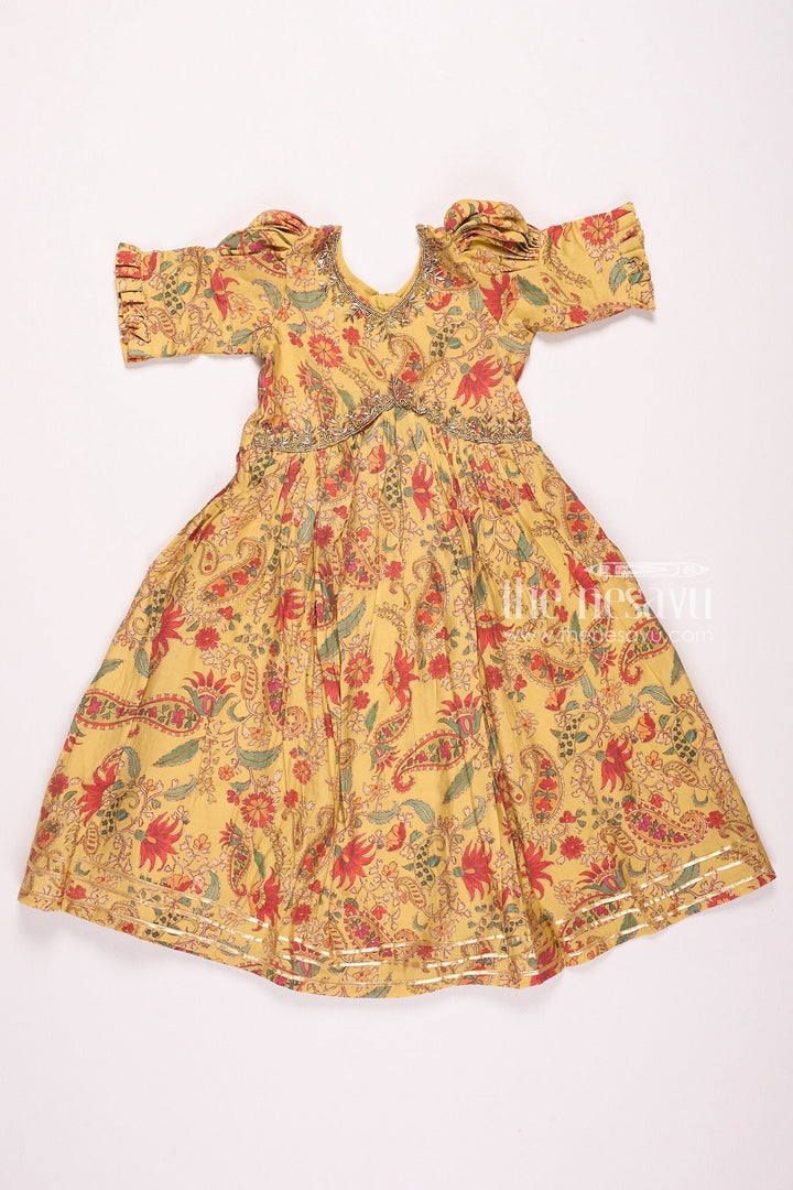 The Nesavu Girls Party Gown Vibrant Yellow Floral Muslin Silk Party Gown for Girls Nesavu 16 (1Y) / Yellow GA228B-16 Vibrant Yellow Floral Muslin Silk Party Gown for Girls - Elegant & Festive