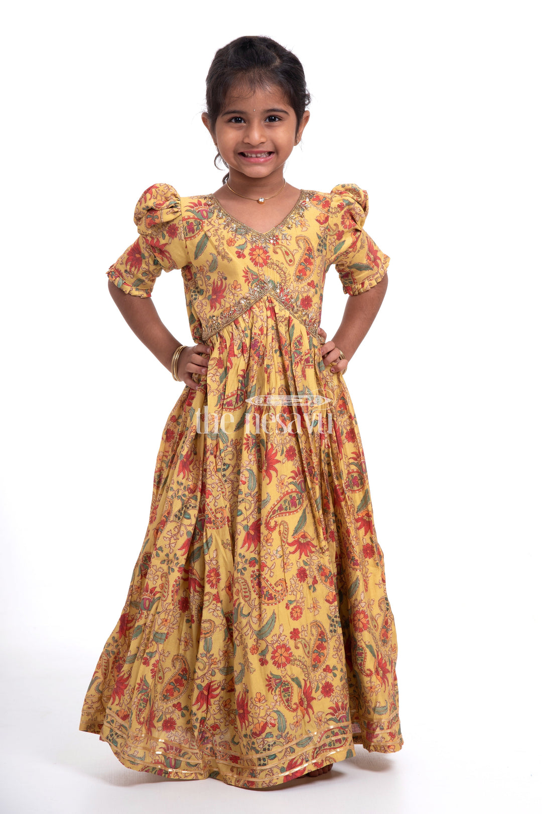 The Nesavu Girls Party Gown Vibrant Yellow Floral Muslin Silk Party Gown for Girls Nesavu Vibrant Yellow Floral Muslin Silk Party Gown for Girls - Elegant & Festive