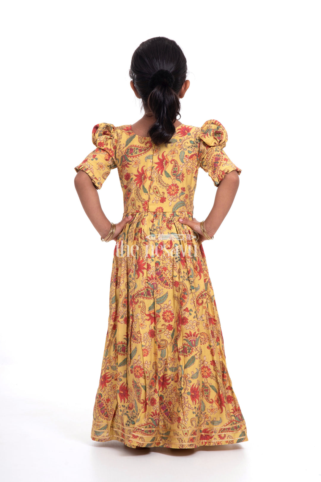 The Nesavu Girls Party Gown Vibrant Yellow Floral Muslin Silk Party Gown for Girls Nesavu Vibrant Yellow Floral Muslin Silk Party Gown for Girls - Elegant & Festive