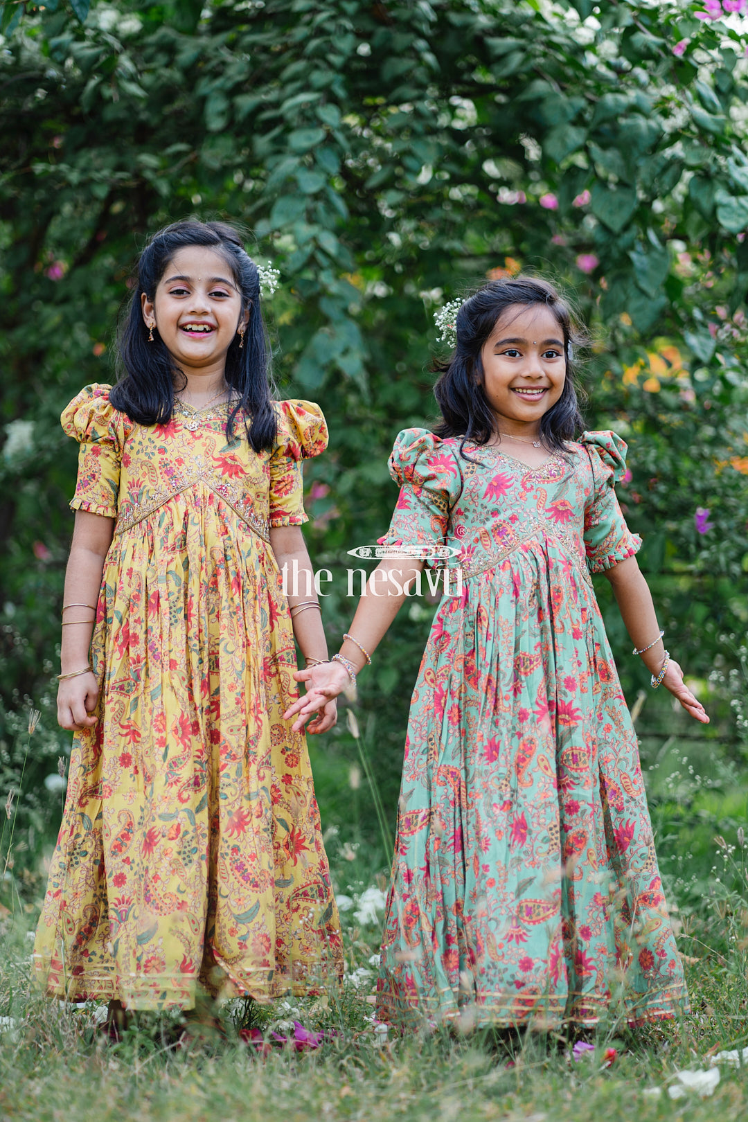 The Nesavu Girls Party Gown Vibrant Yellow Floral Muslin Silk Party Gown for Girls Nesavu Vibrant Yellow Floral Muslin Silk Party Gown for Girls - Elegant & Festive