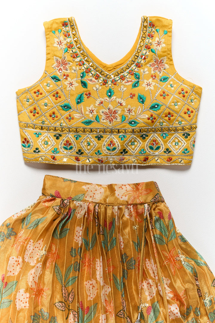 The Nesavu Girls Lehenga Choli Vibrant Yellow Lehenga for Girls with Intricate Muslin Silk Embroidery Ideal for Wedding Party Nesavu Nesavu Yellow Muslin Silk Lehenga Girls Embroidered Blouse Perfect Wedding Parties