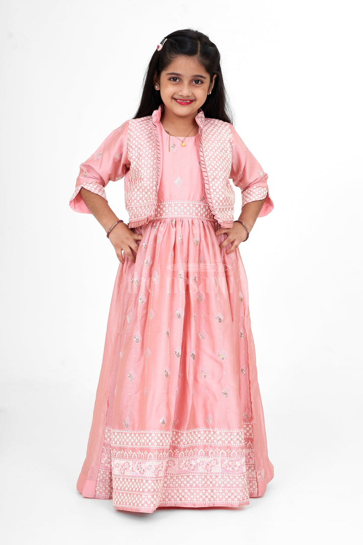 The Nesavu Girls Party Gown Western Party Gown for Girls in Elegant Peach Organza with Embroidered Jacket Nesavu 24 (5Y) / Peach GA287A-24 Nesavu Peach Organza Party Gown Girls Western Gown Embroidered Jacket