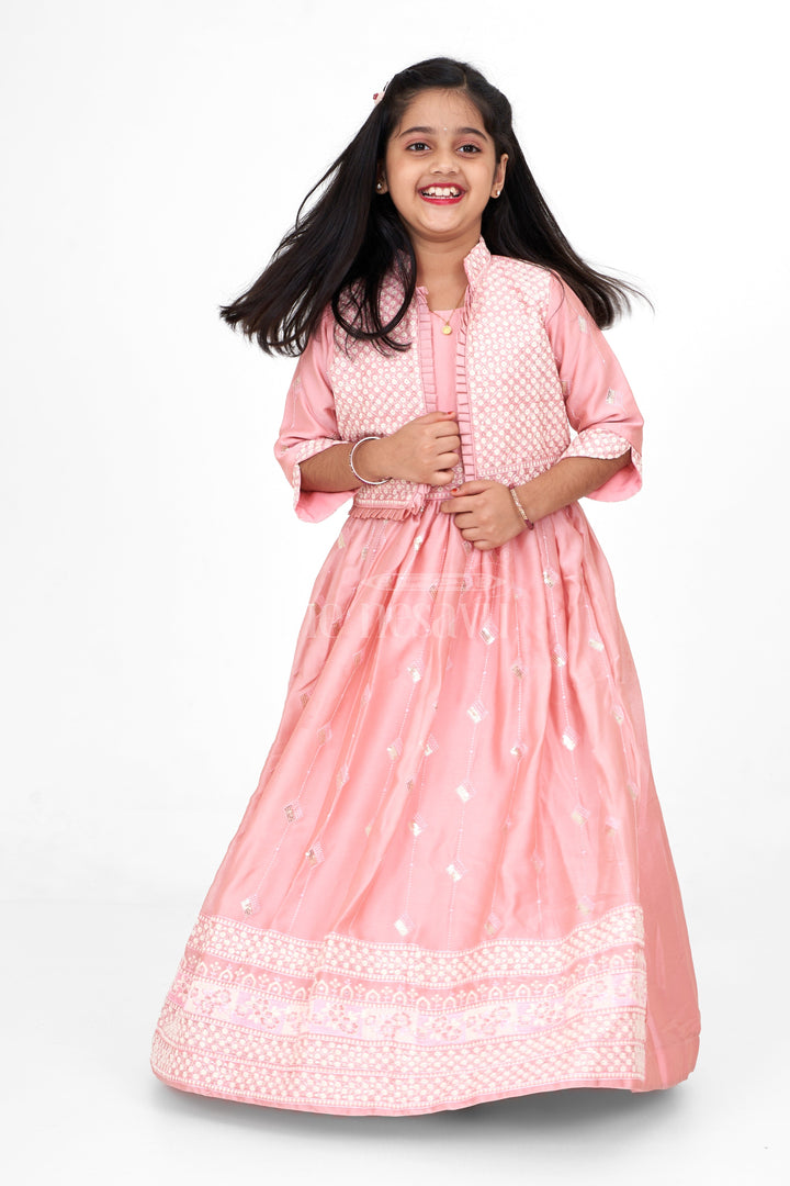 The Nesavu Girls Party Gown Western Party Gown for Girls in Elegant Peach Organza with Embroidered Jacket Nesavu Nesavu Peach Organza Party Gown Girls Western Gown Embroidered Jacket