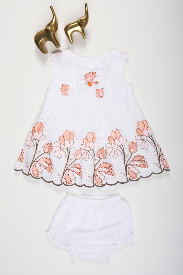 The Nesavu Baby Casual Sets White and Orange Chikankari Cotton Frock with Floral Embroidery Nesavu 10 (NB) / White BFJ610B-10 White and Orange Chikankari Cotton Frock with Bloomers - Nesavu