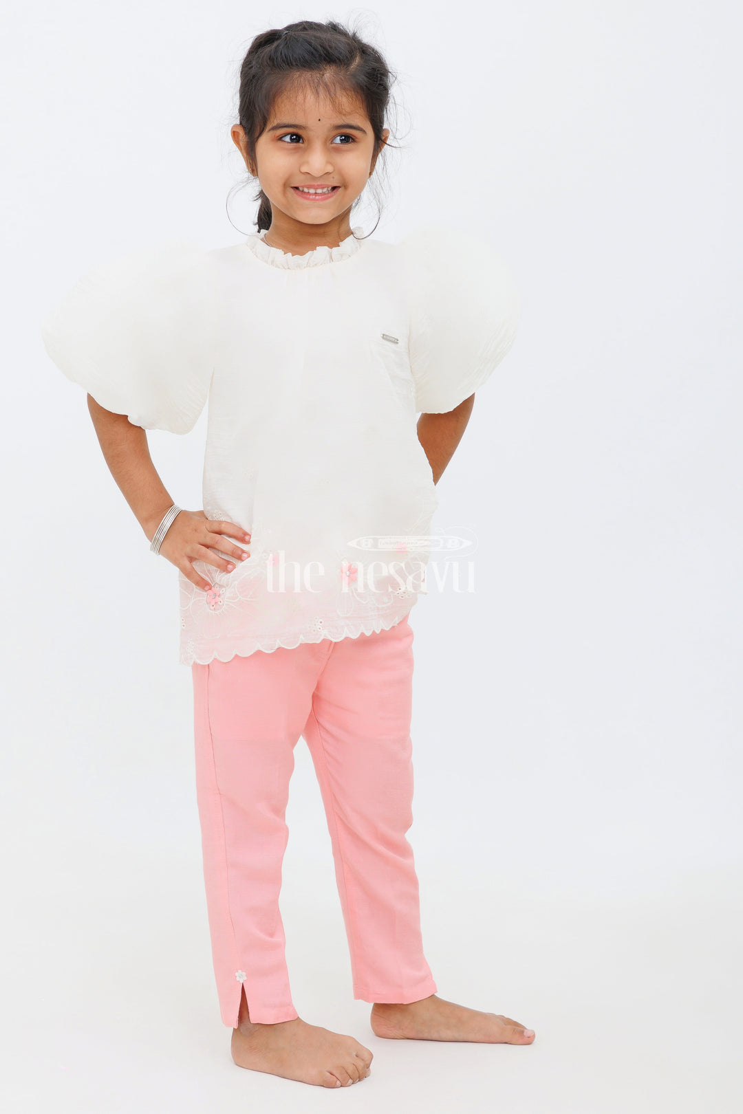 The Nesavu Girls Sharara / Plazo Set White and Pink Kurta with Straight Pants for Girls Nesavu 18 (2Y) / Half white GPS381B-18 White and Pink Kurta with Straight Pants for Girls - Nesavu