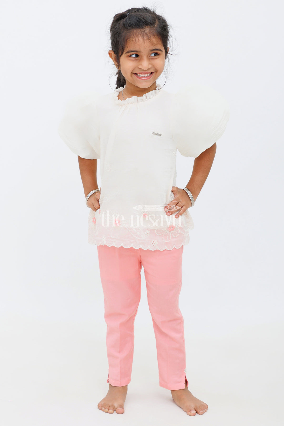 The Nesavu Girls Sharara / Plazo Set White and Pink Kurta with Straight Pants for Girls Nesavu White and Pink Kurta with Straight Pants for Girls - Nesavu