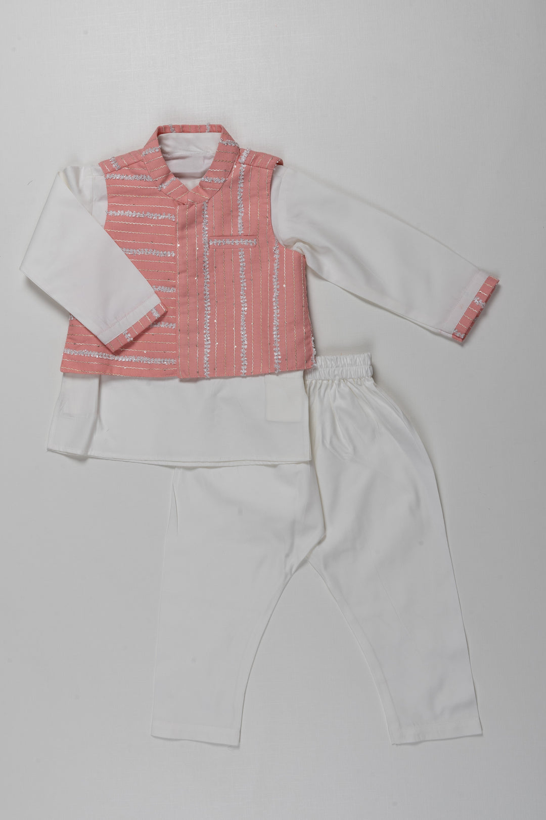 The Nesavu Boys Jacket Sets White and Pink Semi-Linen Boys Kurta Jacket Pant Set - Perfect for Festive and Formal Occasions Nesavu 12 (3M) / White / Silk Blend BES553A-12 White and Pink Semi-Linen Boys Kurta Jacket Pant Set BES553A - Festive & Formal Wear