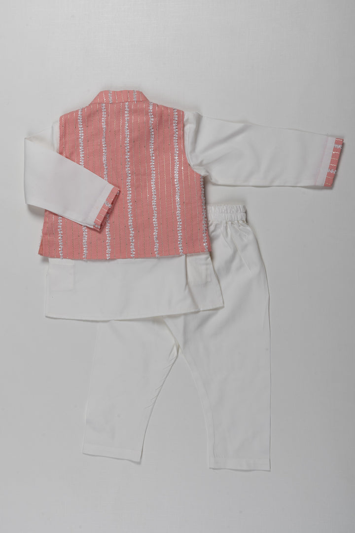 The Nesavu Boys Jacket Sets White and Pink Semi-Linen Boys Kurta Jacket Pant Set - Perfect for Festive and Formal Occasions Nesavu White and Pink Semi-Linen Boys Kurta Jacket Pant Set BES553A - Festive & Formal Wear