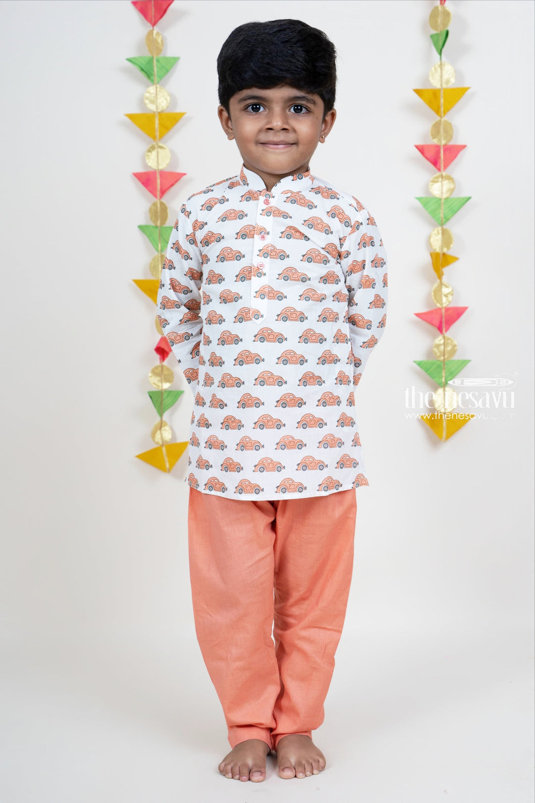 The Nesavu Boys Kurtha Set White Car Printed Cotton Kurta For Baby Boys With Orange Pant Nesavu 12 (3M) / Orange / Cotton BES209A-12 Cotton Printed Kurta Suit For Boys Online | Traditional Indian Ethnics | The Nesavu