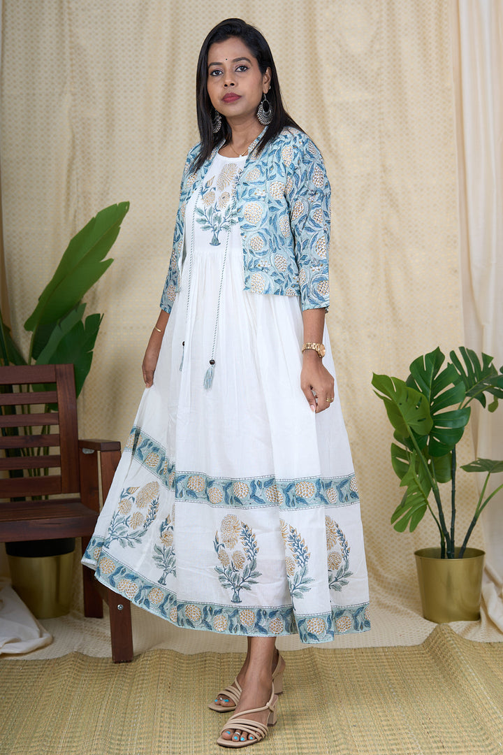 The Nesavu Womens Flared Kurthas White Cotton Beach Dress with Hand Block Print and Jacket Nesavu 38 (M) / White / Cotton WT010A-38 White Cotton Beach Dress for Women with Jacket | Hand Block Printed Gown