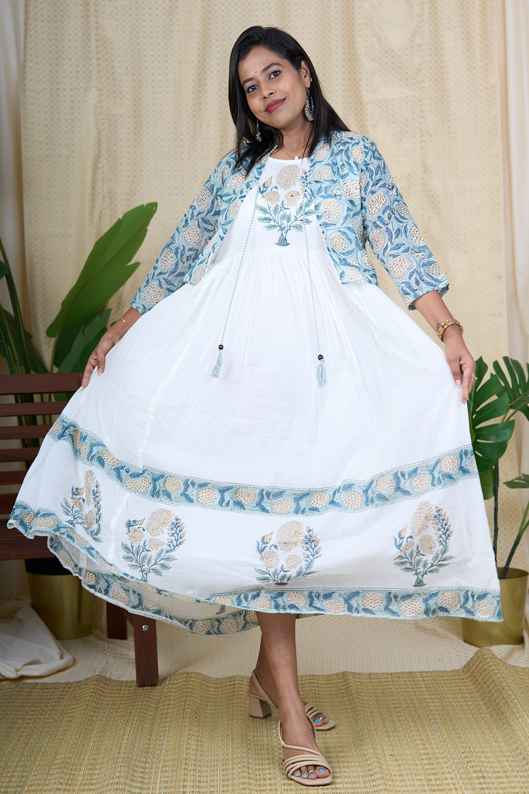 The Nesavu Womens Flared Kurthas White Cotton Beach Dress with Hand Block Print and Jacket Nesavu White Cotton Beach Dress for Women with Jacket | Hand Block Printed Gown