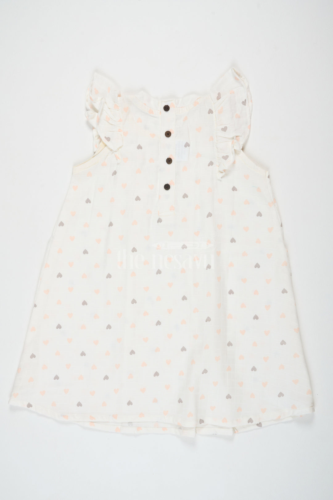 The Nesavu Girls Cotton Frock White Cotton Frock with Heart Print and Ruffle Sleeves, Double Cloth Muslin Girls Dress for Special Occasions Nesavu Nesavu Girls White Cotton Frock Heart Print Ruffle Sleeves Double Cloth Muslin Dress Special Occasions