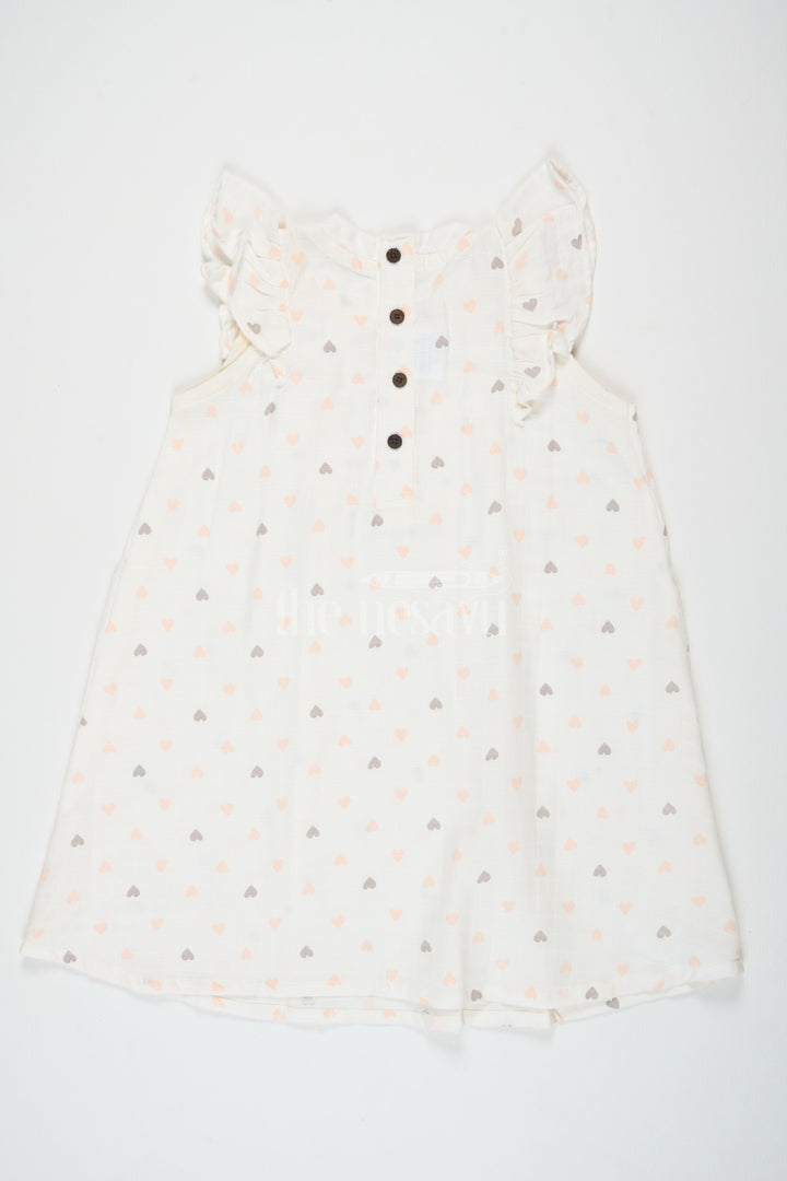 The Nesavu Girls Cotton Frock White Cotton Frock with Heart Print and Ruffle Sleeves, Double Cloth Muslin Girls Dress for Special Occasions Nesavu Nesavu Girls White Cotton Frock Heart Print Ruffle Sleeves Double Cloth Muslin Dress Special Occasions