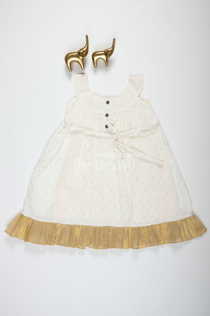 The Nesavu Baby Cotton Frocks White Frock ALine Cotton Dress with Golden Motifs and Tissue Hemline Nesavu White A-Line Cotton Frock with Golden Motifs and Tissue Hemline for Girls Nesavu